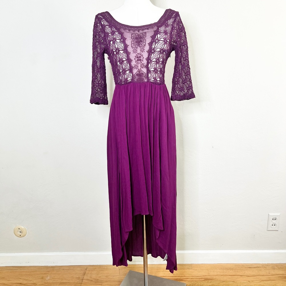 Free People Lonesome Dove Purple Crochet Lace High‎ Low Maxi Dress Size 2 Boho